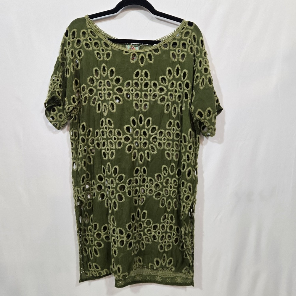 Johnny Was Lulla Long Tunic Small Green Eyelet Cutwork Cupra Rayon Boho
